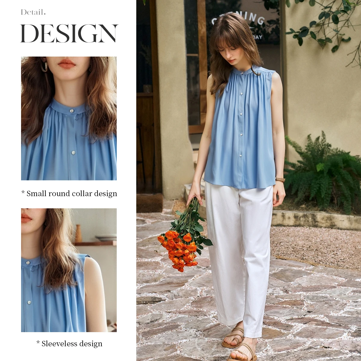 Damskie niebieskie koszule zapinane na guziki OLrain, luźne damskie koszulki bez rękawów z okrągłym dekoltem na lato 2025, Camiseta Mujer O57XX98195