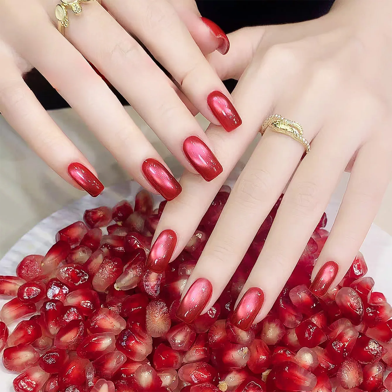 1개 PSK 레드 석류색 캣아이 젤 네일 폴리쉬 기품 있는 화이트닝 반짝이는 와인 레드 글라스 비드 네일 아트 새해 네일