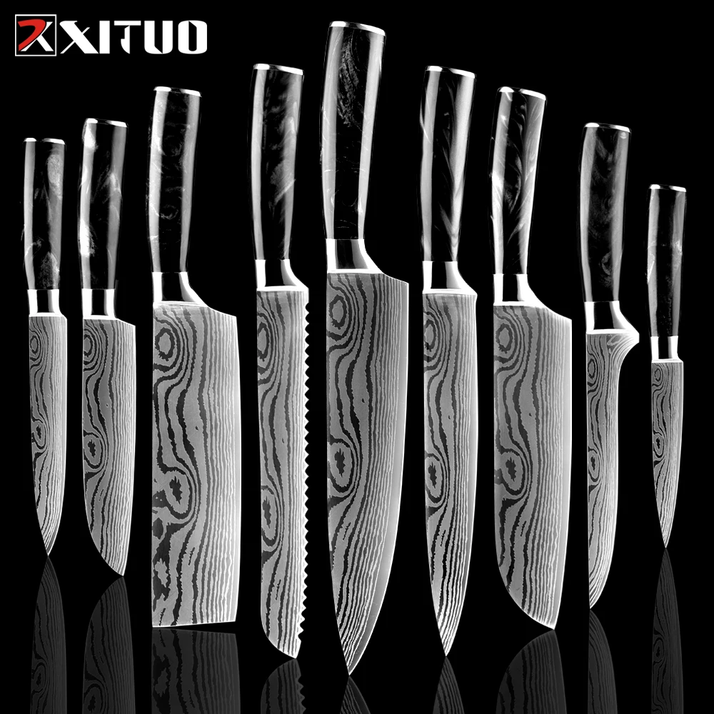 

XITUO Kitchen Knives Set 1-9pcs Japanese Chef knife Black Resin Handle Damascus Pattern Santoku Cleaver Slicing Utility Knives