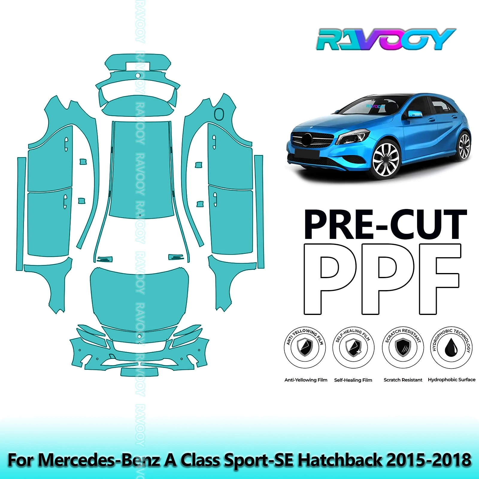 RAVOOY Custom-Fit Precut TPU PPF Full Vehicle Clear Bra Stone Guard EU UK For Mercedes-Benz A Class Sport-SE Hatchback 2015-2018