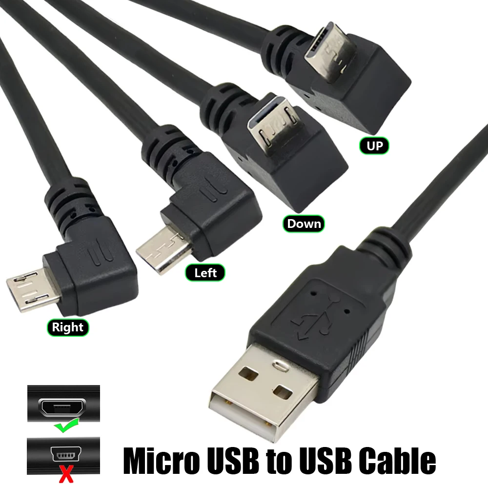 Up Down Left Right Angled 90 grados USB Micro USB macho a USB macho Cable conector de carga de datos 25 cm 50 cm para tableta 5 pies