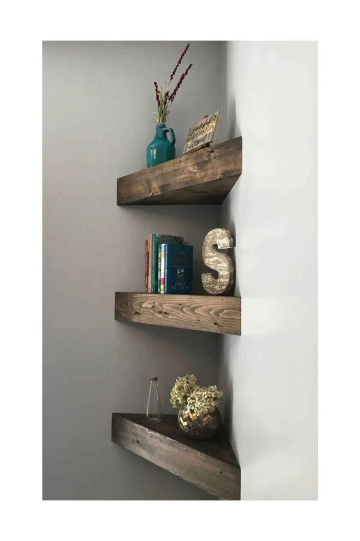 Designed Wooden Decorative 3'lü Corner Wall Shelf bookcase corner shelf