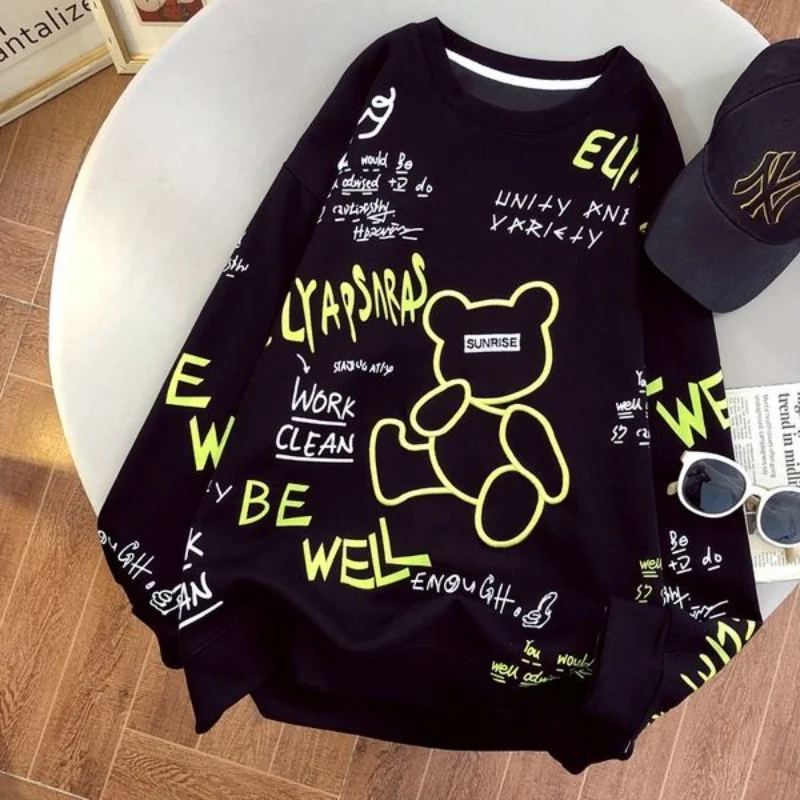 Harajuku Brand Graffiti Cartoon Bear Embroidery Sweatshirt O-neck Oversized Pullover Winter Korean Style Loose Kawaii Y2K Top