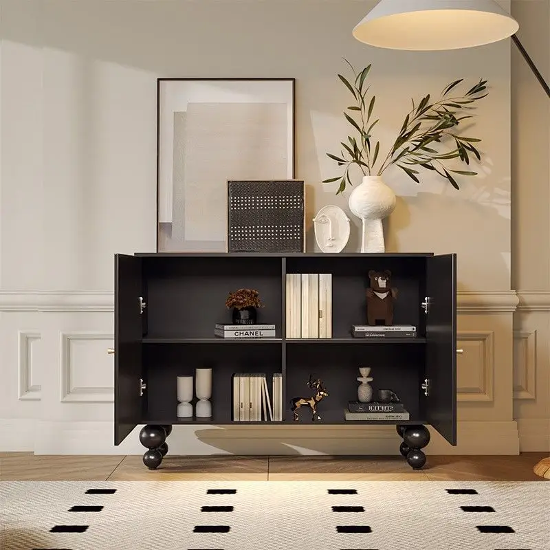 خزانة خشبية صلبة كلاسيكية، خزانة تزيين فنية سوداء راقية، خزانة تخزين لغرفة المعيشة المنزلية