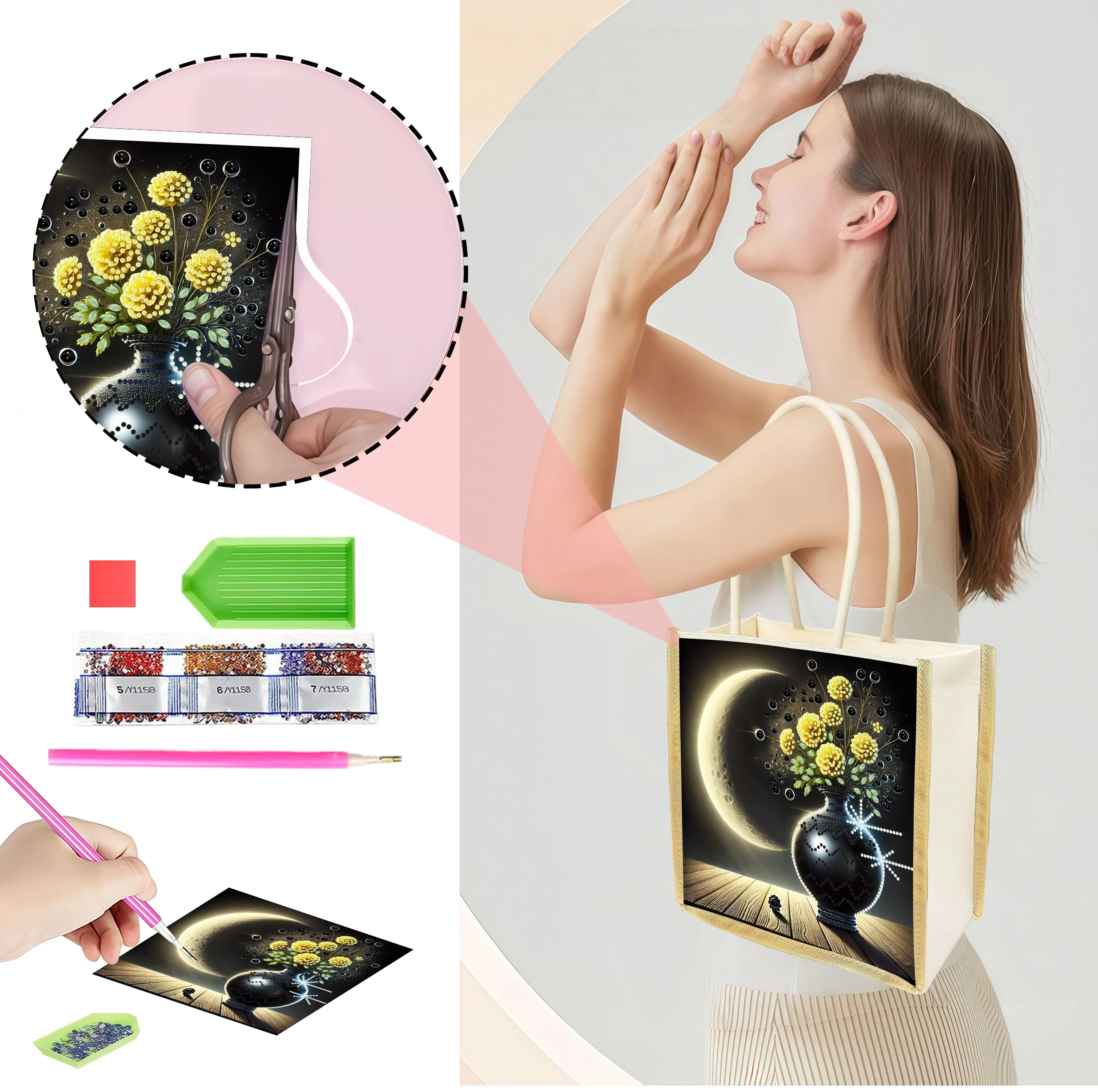 

Одна сумка ручной работы с алмазной вышивкой и мультяшным цветочным узором, вместительная, удобная как для путешествий, так и для хранения вещей.