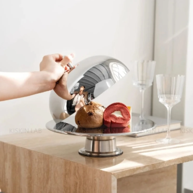 

Stainless Steel Food Tray with Cover Nordic Luxury Steak Plate Pastry Dish Dustproof Cake Platter Buffet Serving Tray