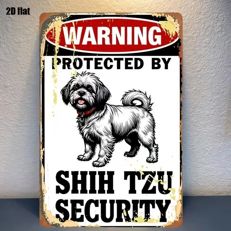 2D Flat Protected by Shih Tzu Security Vintage Metal Tin Sign - Retro Distressed Dog Design, Iron Wall Art for Home/Bar/Cafe, Do