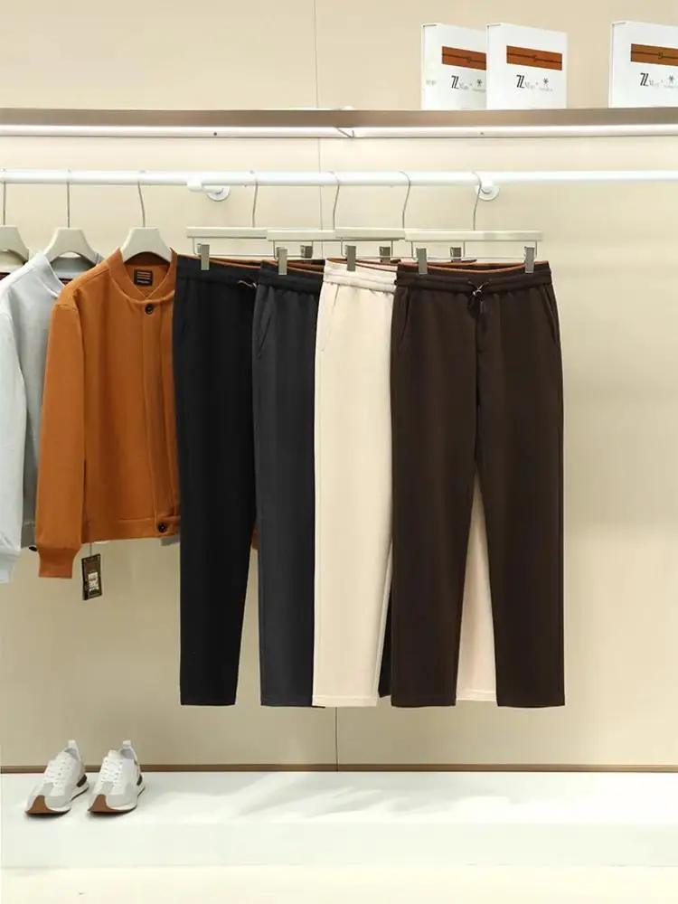 

Ele Woolen Thiened Casual Pants for Men Elastic Waist Straight Leg Trousers Autumn Winter High End Busin Sle