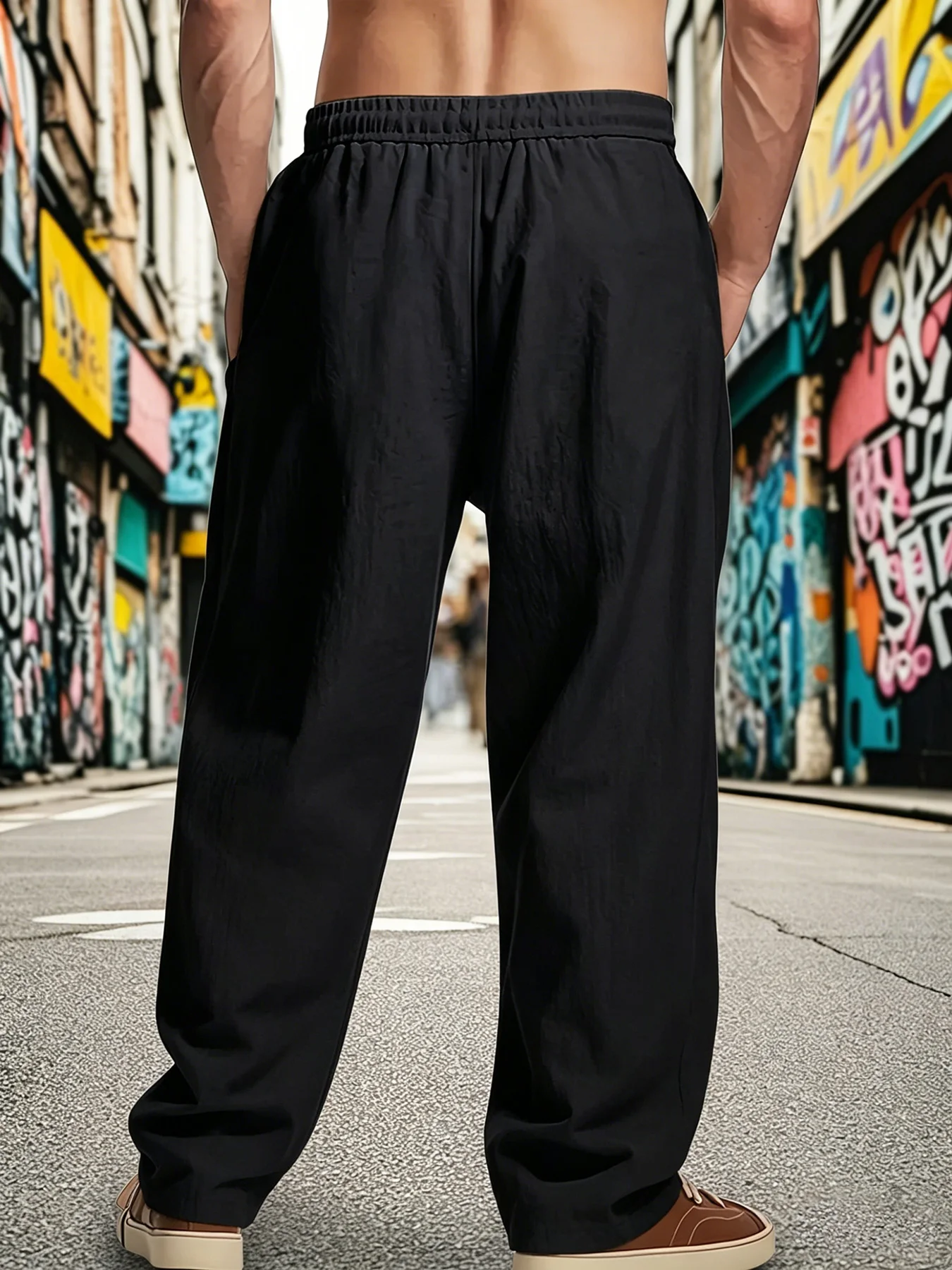 3 Pack Essential Men Crinkle Textured Wide Leg Pants Elastic Drawstring Waist Side Storage Pocket Breathable Linen-Look Trousers