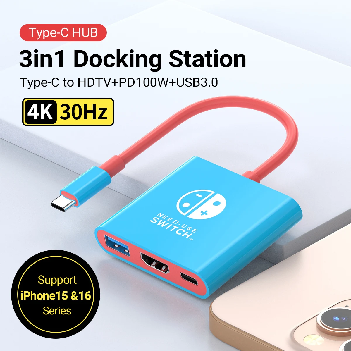 

Gopala USB C to HDTV Multiport Adapter 3 in 1 Hub with USB 3.0 Data Port 4K HD Port & PD 100W Charging for iPhone 16/15 MacBook