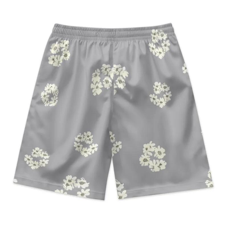 Little Flowers Print Men's Gray Drawstring Waist Shorts Quick Dry Breathable Polyester Sport Shorts Streetwear Shorts