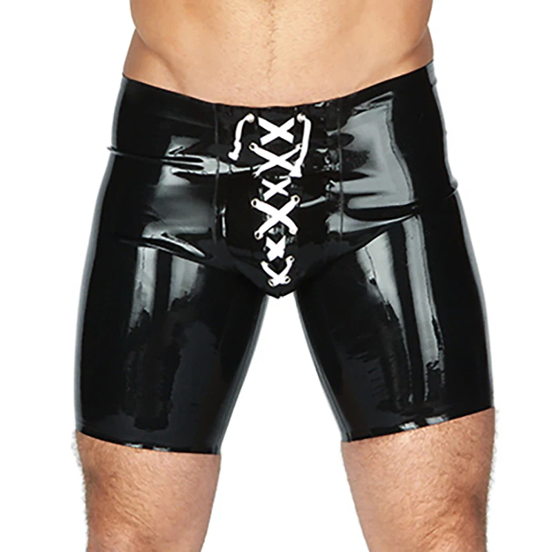 

Black Sexy Latex Boxer Shorts With Lacing At Front Rubber Briefs Bottoms DK-0269