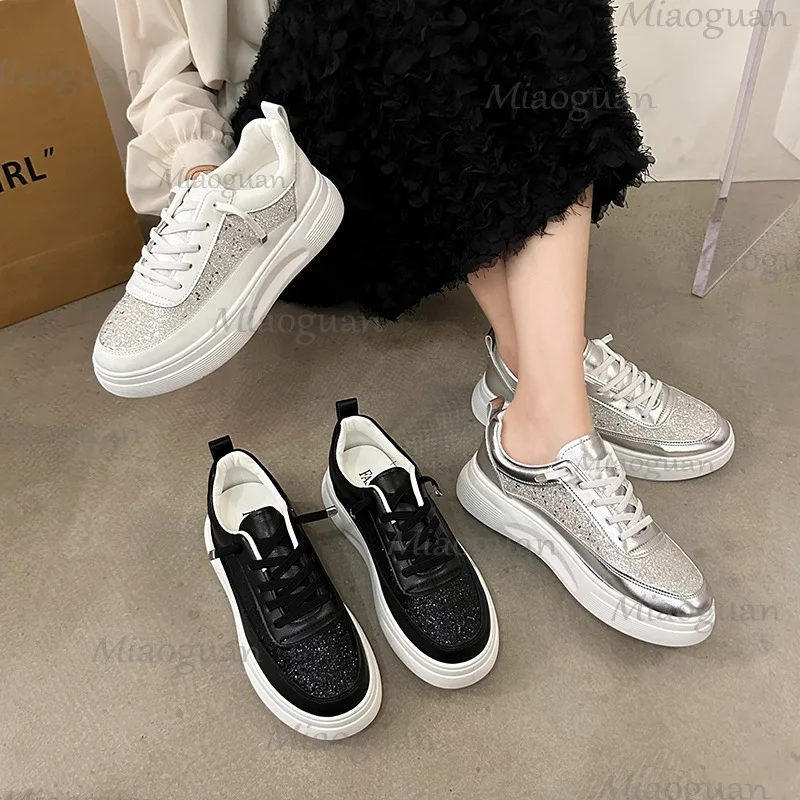 

New Shiny Round Head Flat Bottom Sneakers Leisure Soft Bottom Tennis Single Shoes Casual Platform Lace Up Students Board Shoes