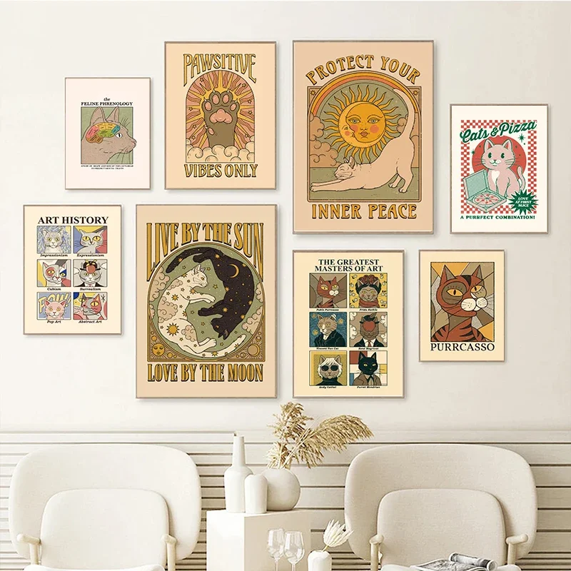 Cat Vintage Poster Tarot Cute Retro Sun Moon Cats Masters of Art Canvas Print Picture Wall Decoration For Living Room Home Decor