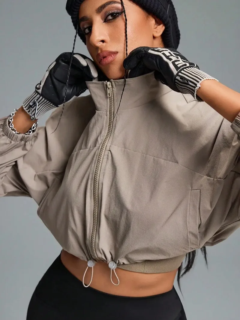 

Женская свободная спортивная куртка-бомбер на молнии, укороченная, для фитнеса, повседневная, для бега, для офиса, в стиле атлетичный кэжуал