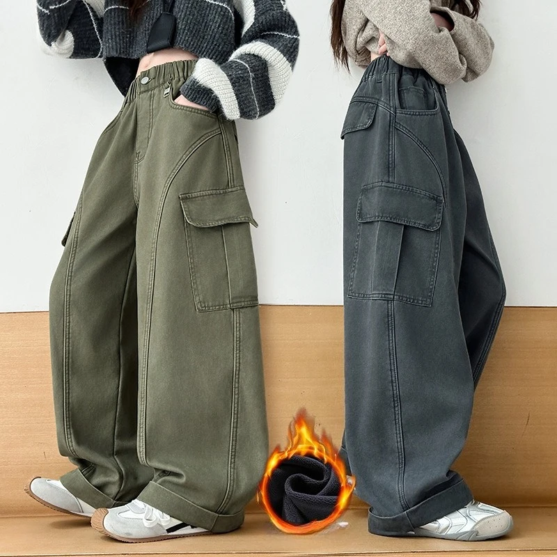 

Флисовые брюки-карго для девочек, зимние модные широкие брюки с большими карманами, универсальные повседневные теплые брюки для школьников больших размеров для детей 8 лет
