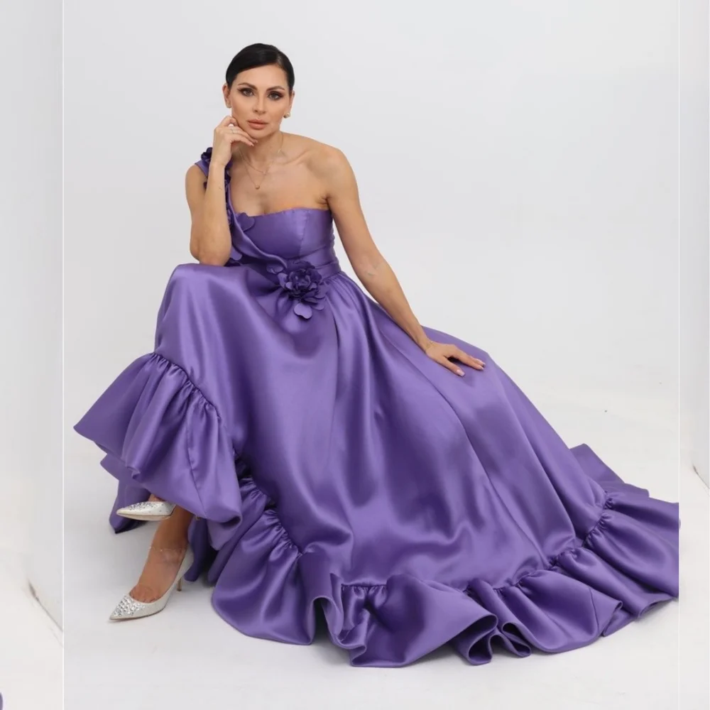 

Jiayigong Sexy Casual Satin Flower Draped Pleat Engagement A-line One-shoulder Bespoke Occasion Gown Long Dresses