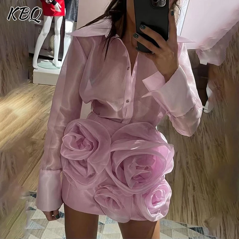 

KBQ Elegant Slim Two Piece Sets For Women Lapel Long Sleeve Tops High Waist Spliced Appliques Bodycon Skirts Chic Set Female New