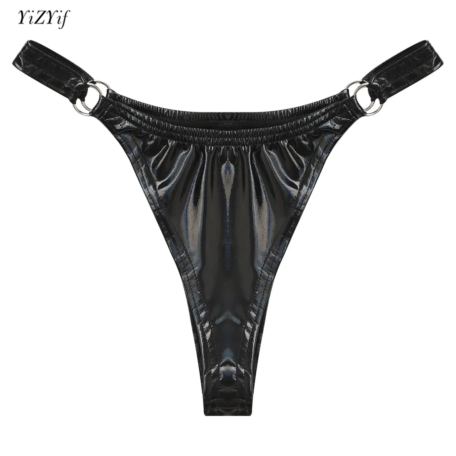 

Womens Sexy Lingerie Glossy PU Leather Thong Erotic Underwear Elastic Waist O-ring Solid Color Briefs Panties Party Clubwear