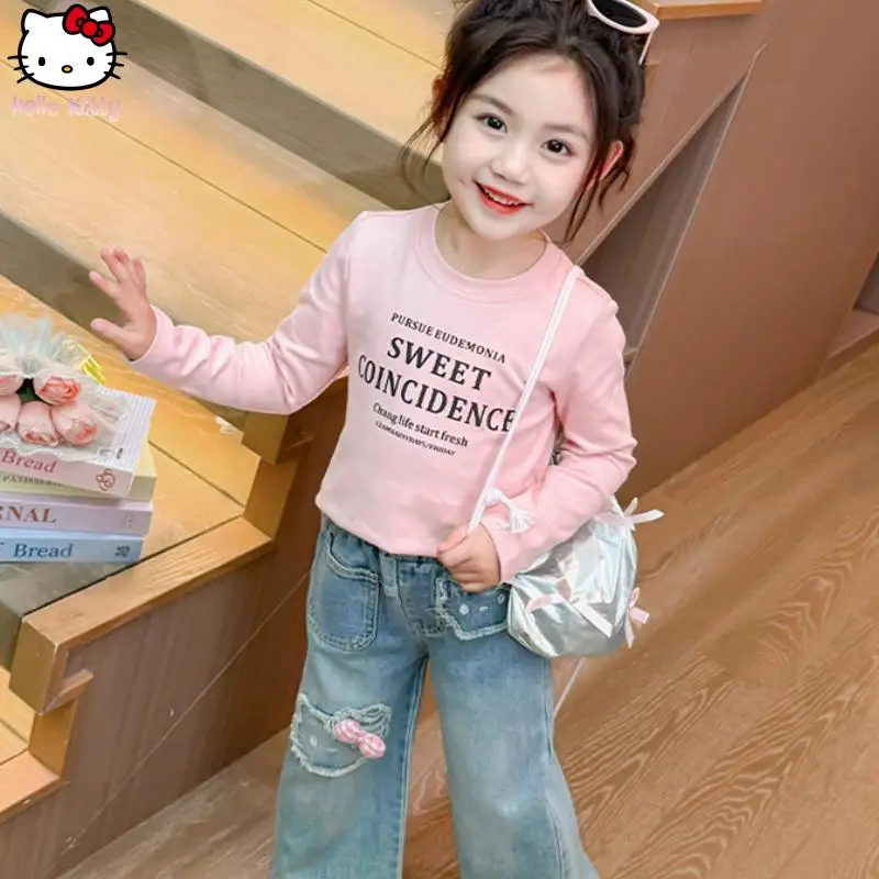 

Kawaii Girls Hello Kitty Jeans New Cartoon Spring Autumn Anime Korean Version Straight Leg Pants Sanrio Fashion Wide Leg Pants