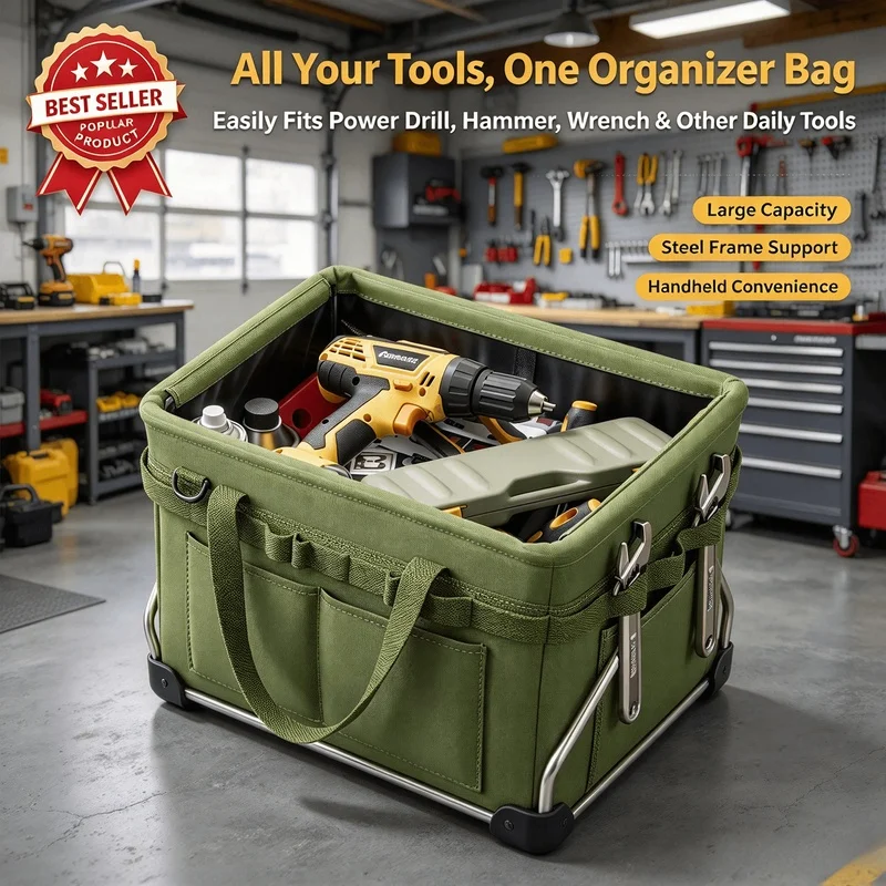 Foldable Oxford Fabric Tool Storage Bag, Heavy Duty Large Capacity Organizer with Side Pockets for Camping & Car Repair