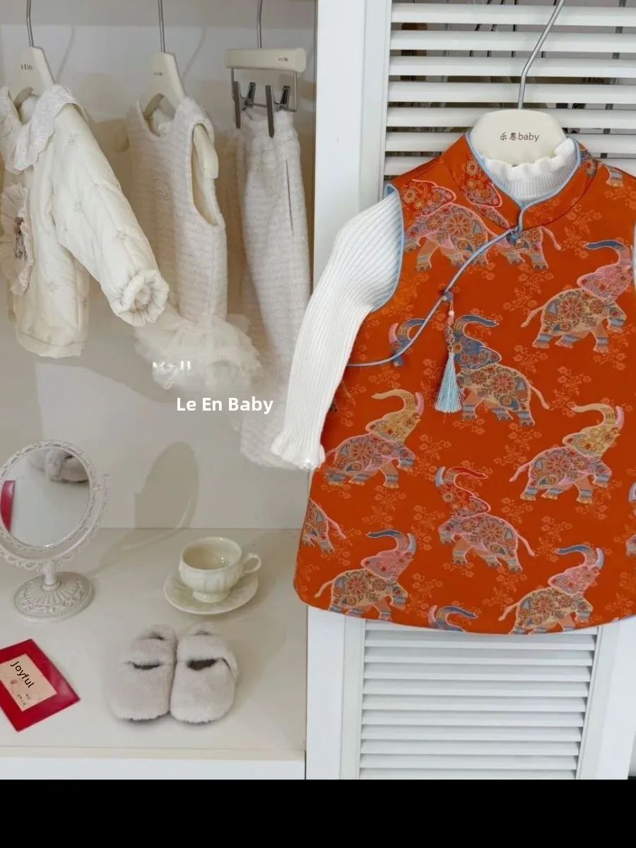 

Удобная винтажная модная хлопковая традиционная китайская одежда с оранжевым слоном для маленьких девочек, зима 2025