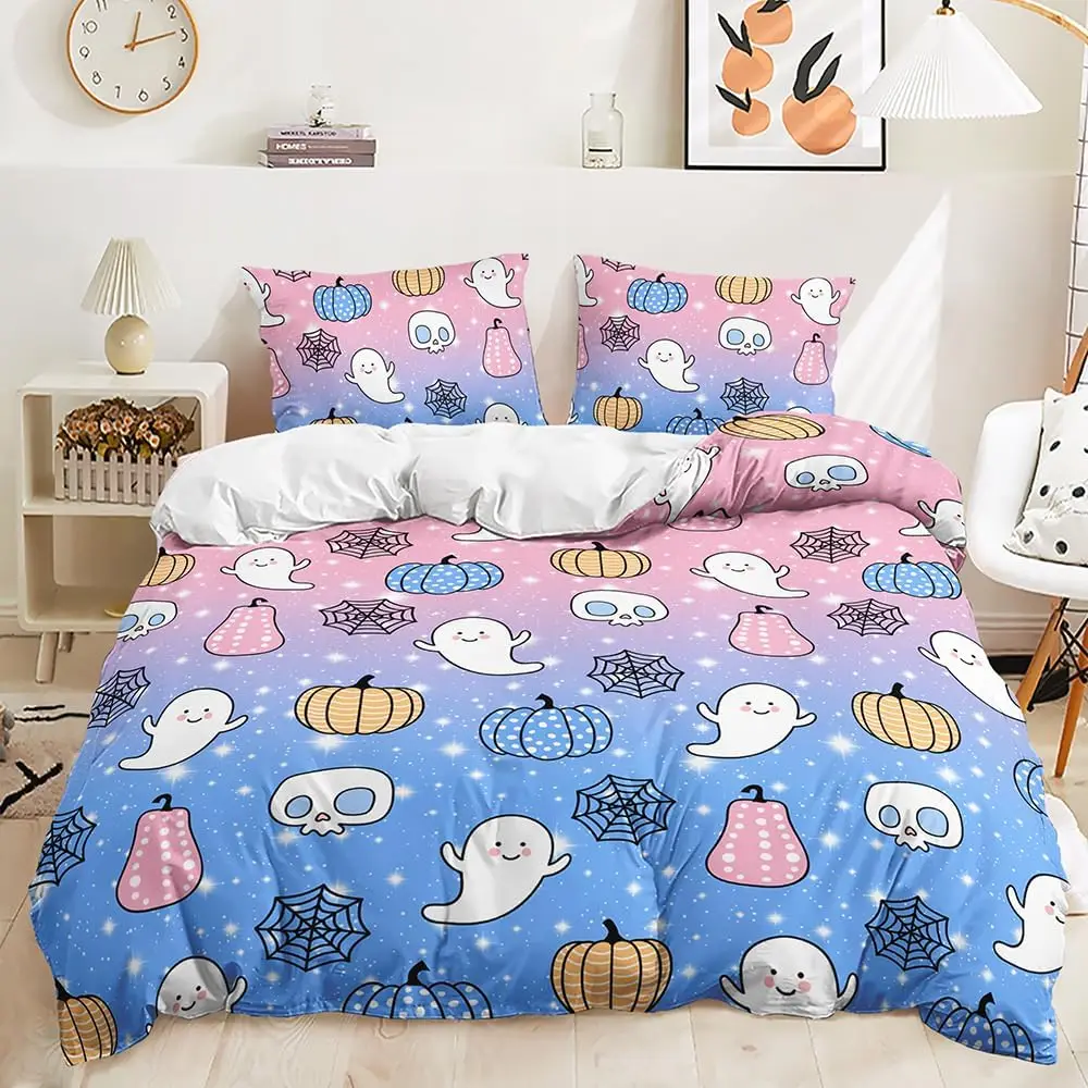

Комплект постельного белья на Хэллоуин, один размер, комплект постельного белья для девочек Galaxy, розовый, синий, комплект пододеяльников, белый призрак, милый узор тыквы, мультяшные девушки