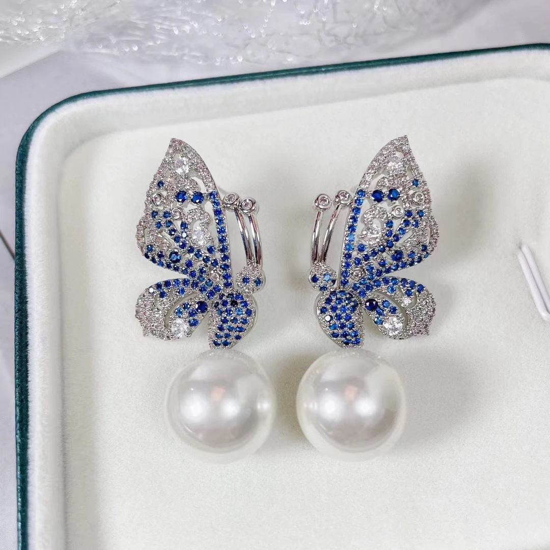 

SENYU Beautiful Large Butterfly Pearl Drop Earring Luxury Cubic Zirconia Dubai Jewelry Silver Plating Earrings for Wedding