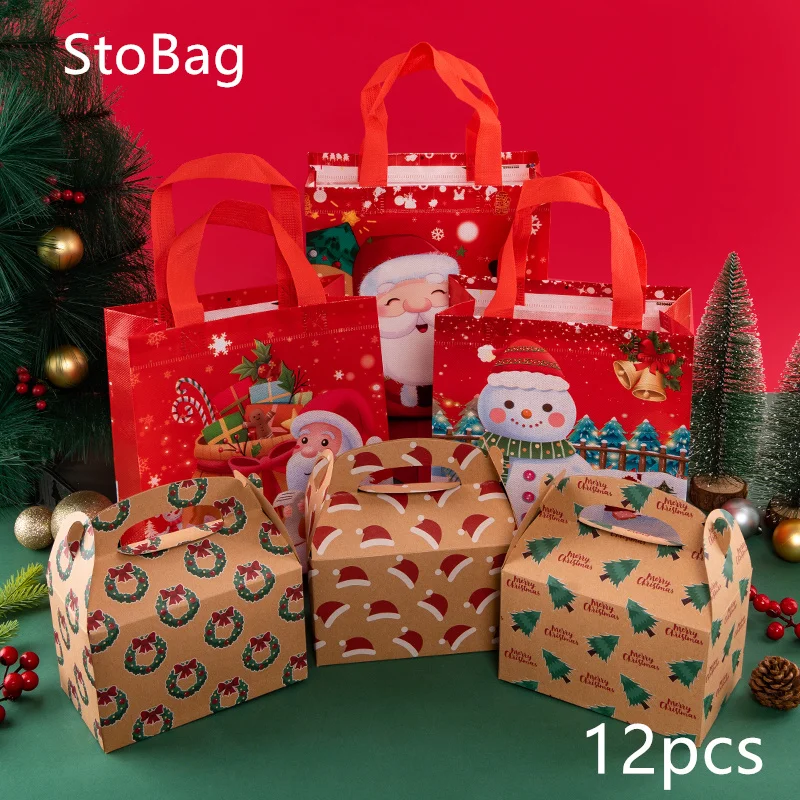 

StoBag-Christmas Card Tissue Non-woven Fabric Bag Gift Book Candy Doll Clothes Packing Spring Festival Supplies New 12Pcs