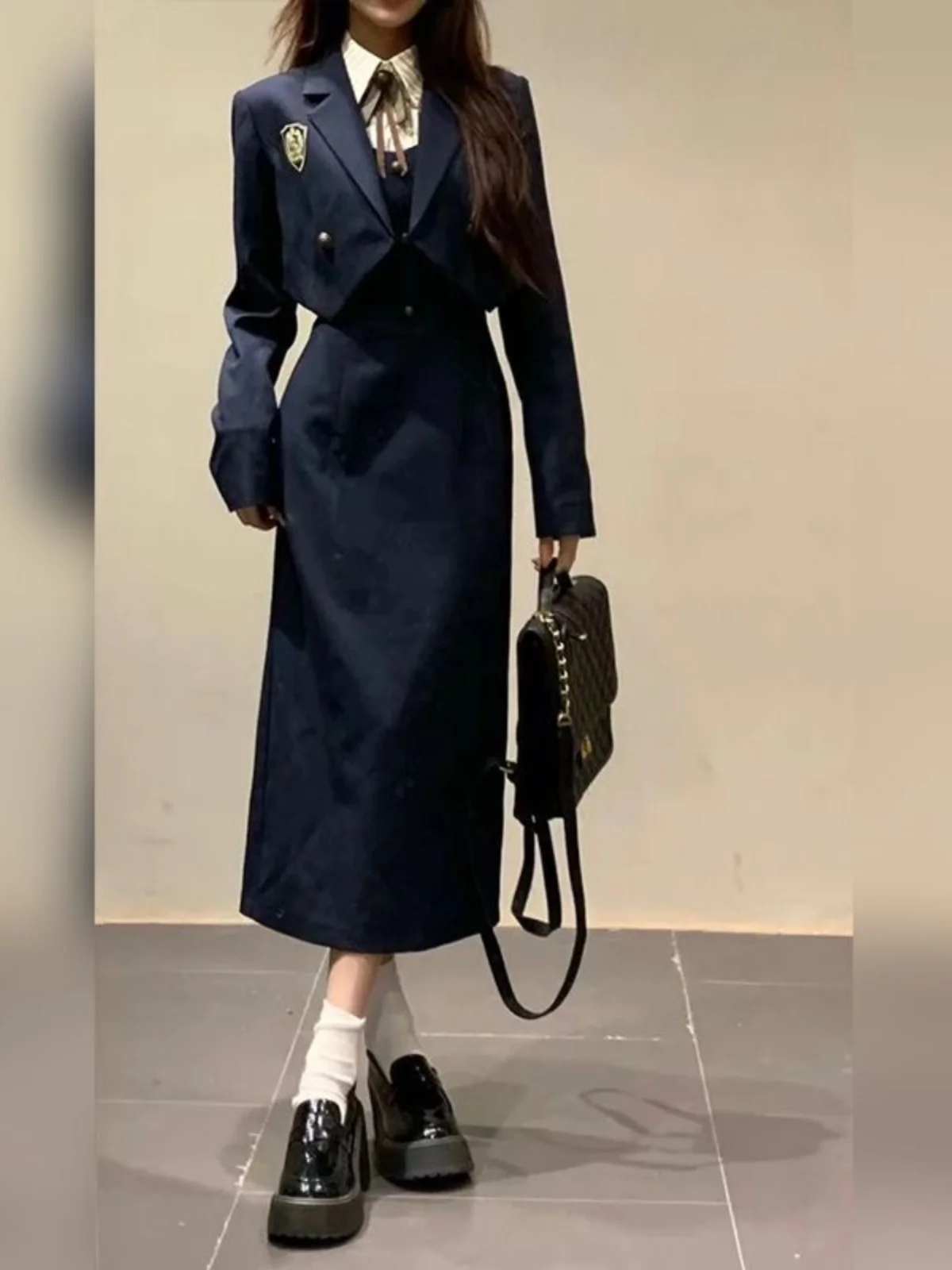 

American Casual College Style Short Suit Jacket Wrap around Skirt Long Dress JK Uniform Dress Fashionable Set for Women
