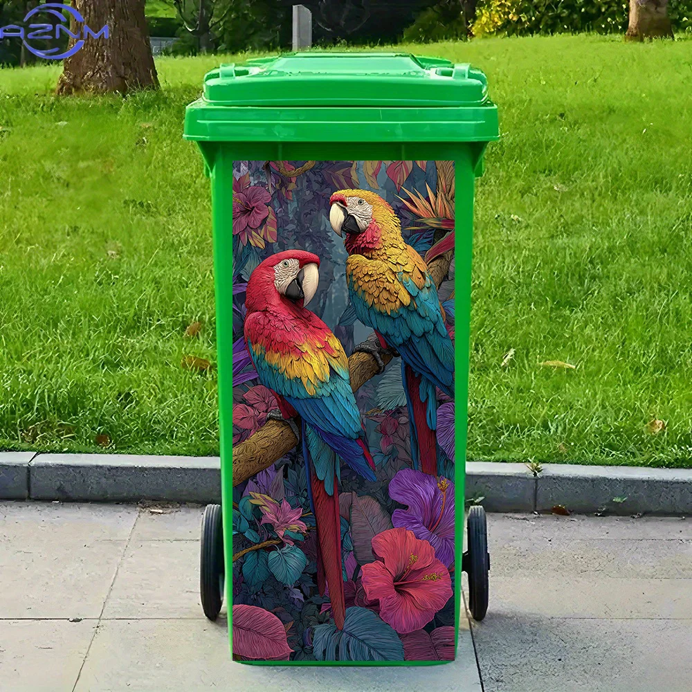 2D Flat Printing' 1pc Trash Can Sticker XCm Colorful Parrot Design Theme Decoration Wall Sticker Self-Adhesive Kitchen Trash C