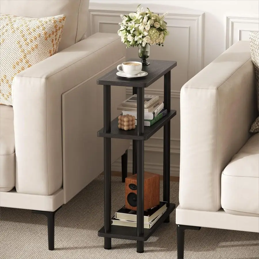 

Small Narrow Side Table, 3Tier Skinny End Table with Storage Shelf, Slim Nightstand Bedside Table for Small Spaces, Living Room,