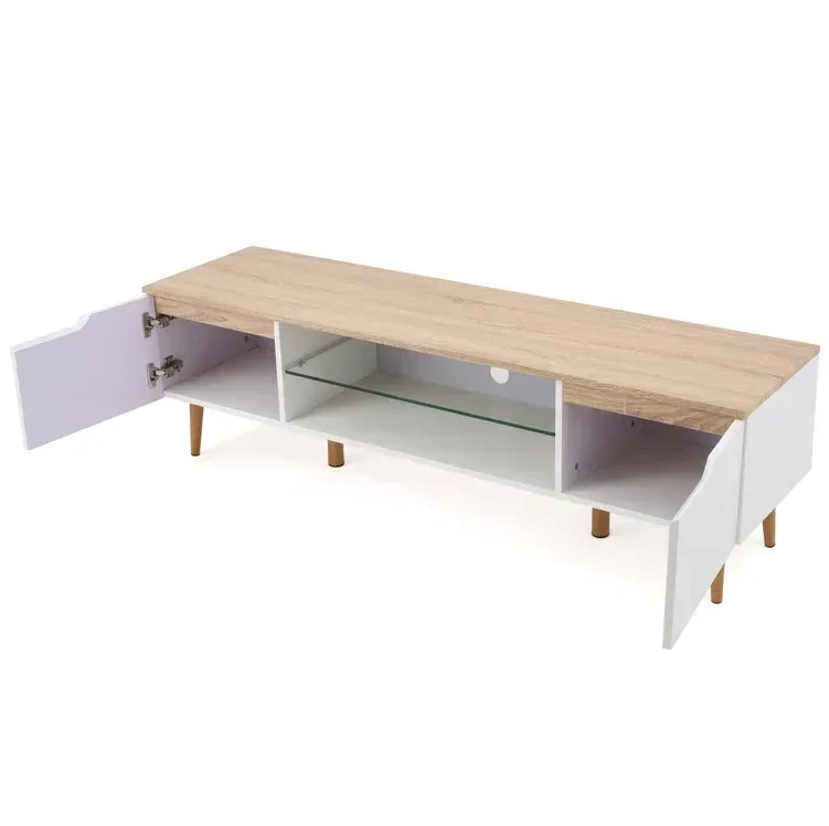 

-Mid-Century Modern Design TV Stands with Wooden Legs Living Room Furniture Spacious Storage Clutter-Free TV Console
