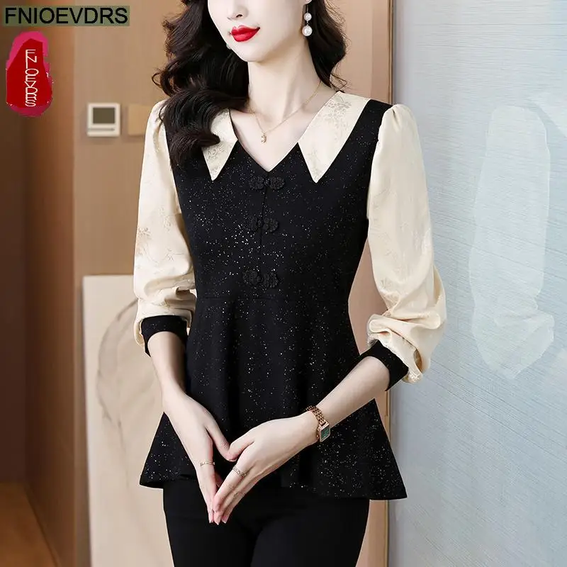 Retro Vintage Black Peplum Bling Tops New Design Women Autumn 2024 Fashion Office Lady Elegant Tunic Button Shirts Blouses