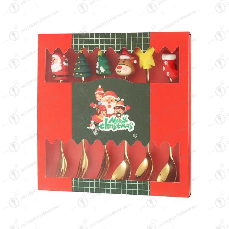 

Cute Stainless Steel Christmas Spoon Fork Cartoon Silicone Coffee Spoon, Christmas Day Gift Box