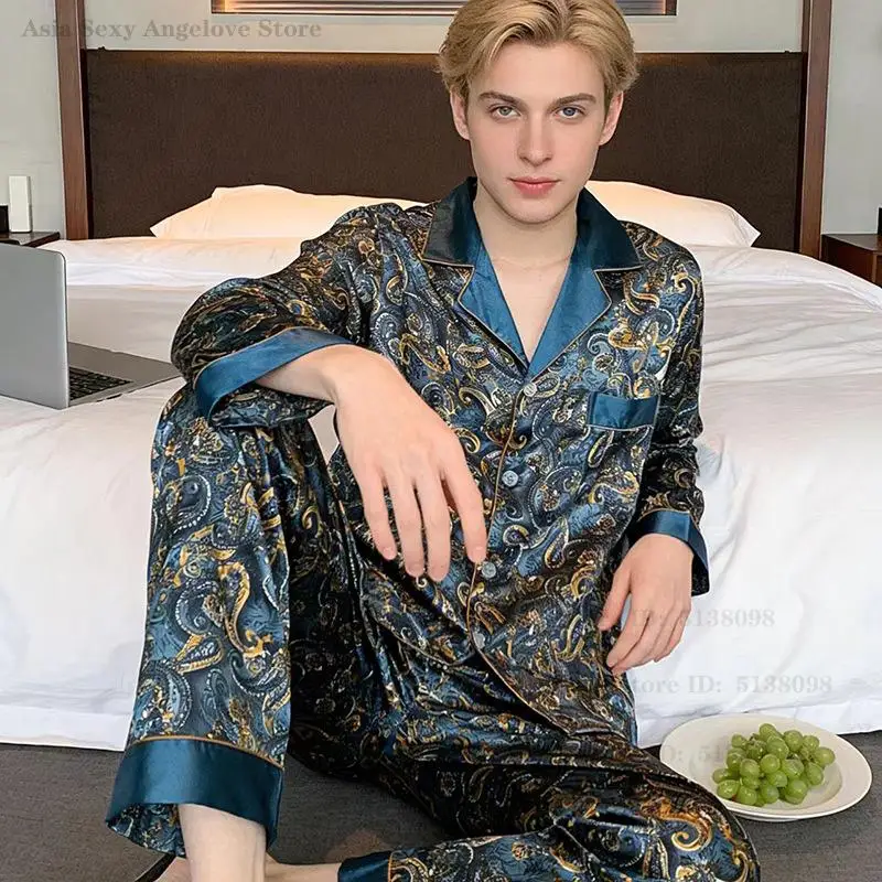 Plus Size 5XL 2Pcs Pajamas Set Spring Autumn Men's Sleepwear New Long Sleeved Thin Ice Silk Pyjamas Suit Male Home Clothes