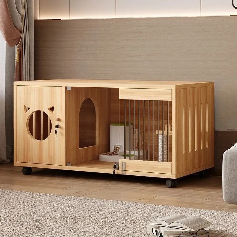 

Solid Wood Cat House Transparent Indoor Cat House Large Pet Kitten Cats Cage with Brake Wheels Breathable Kittens Dog Pets Bed