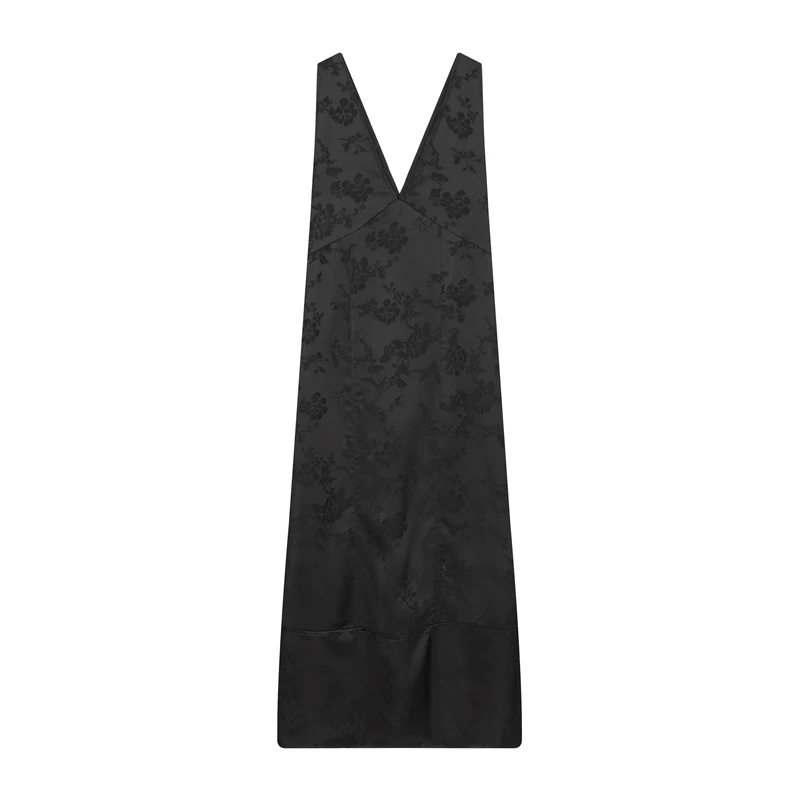 Abito lungo da donna in jacquard floreale nero: abito senza maniche con scollo a V profondo, abiti formali eleganti e da sera