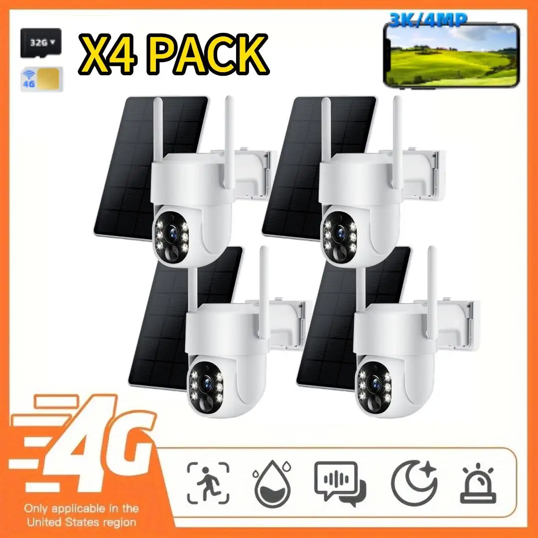 

4PCS Solar Camera 4G LTE 4MP 3K No WiFi 360° AI Tracking Color Night Vision Built-in 4G SIM & SD