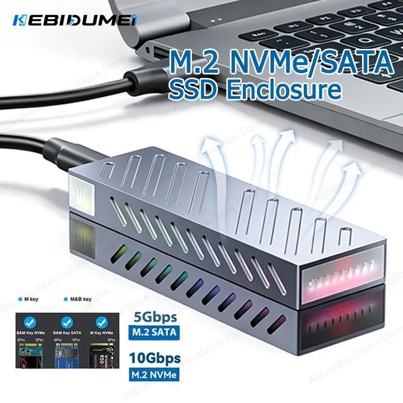  ﻿ KEBIDUMEI M.2 NVMe SSD Enclosure 5/10Gbps PCIe External Case for M.2 NVMe NGFF SATA SSD Adapter SSD To USB 3.1 RGB Enclosure