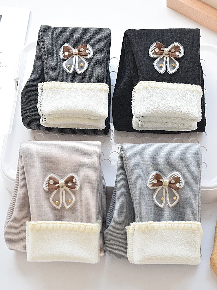 

Girls Fleece Lined Leggings 2025 Winter Thickened Bow Knitted Pants for 2-8Y Children Warm Casual Outerwear Trousers
