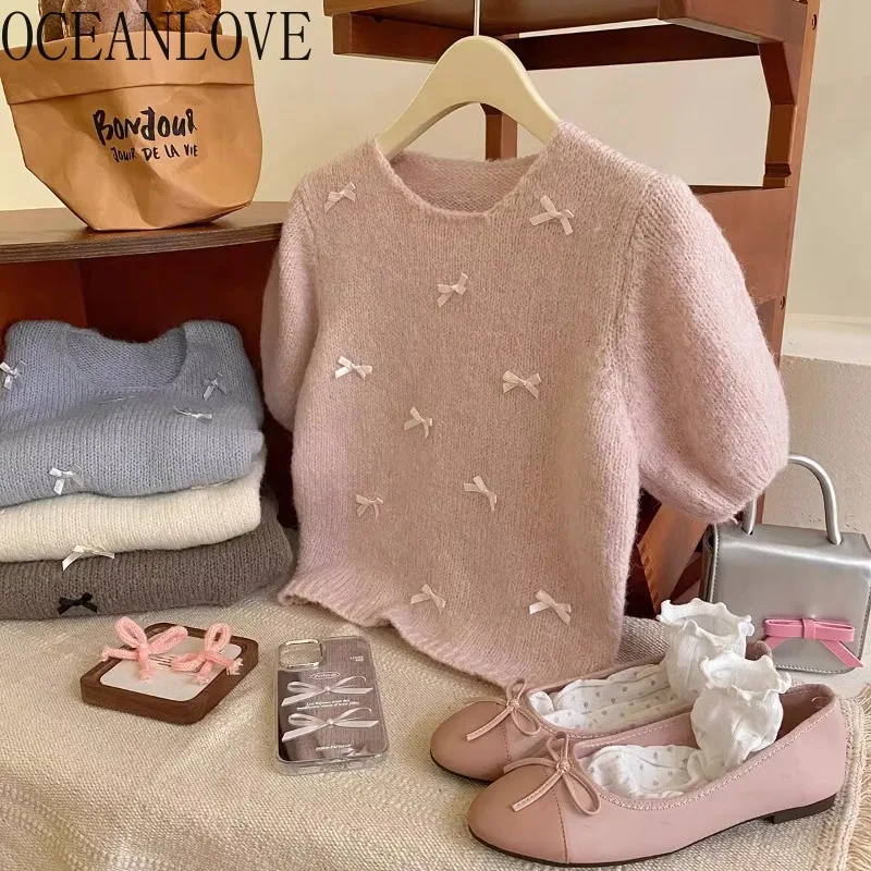 OCEANLOVE Puff Sleeve Bows Women Sweaters Solid Spring Autumn Korean Fashion Pull Femme Vintage Elegant Simple Pullovers