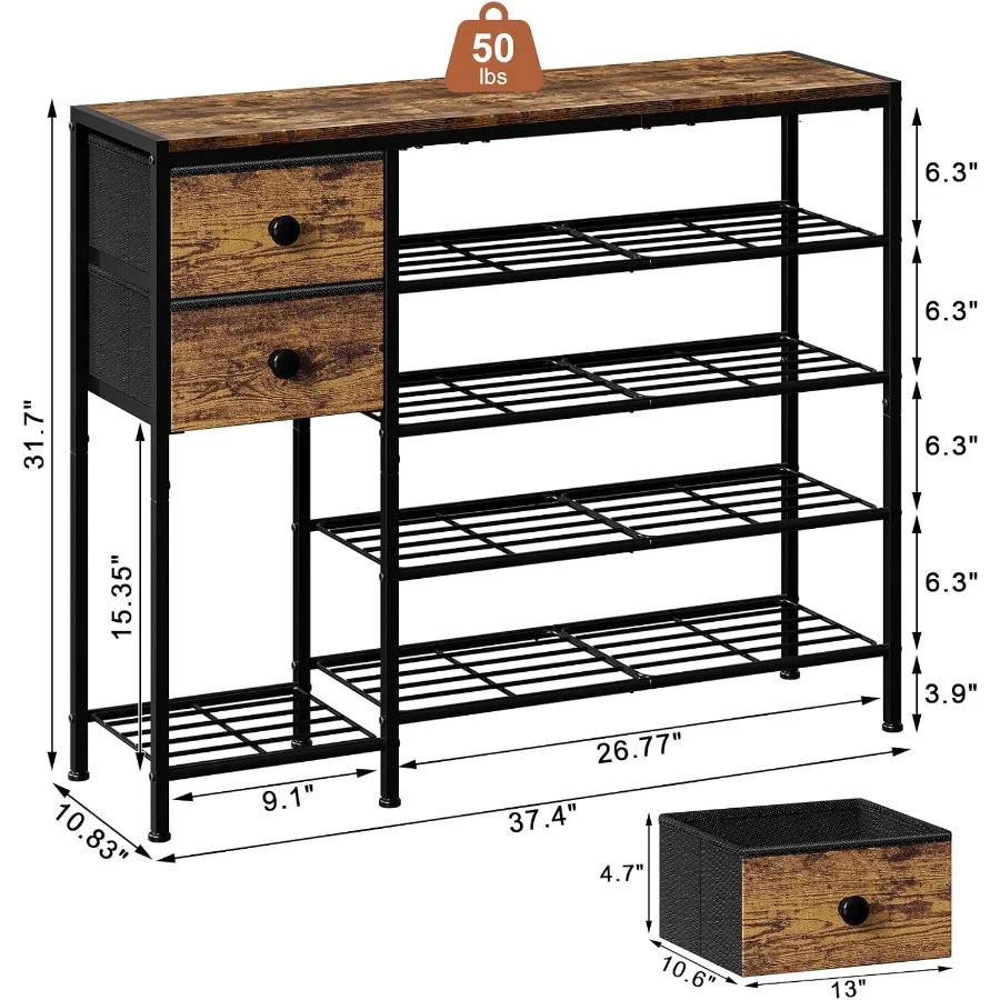 5-уровневая полка для обуви с 2 тканевыми ящиками и металлическим каркасом с дизайном деревянной доски для организации 16–20 пар обуви Идеально подходит
