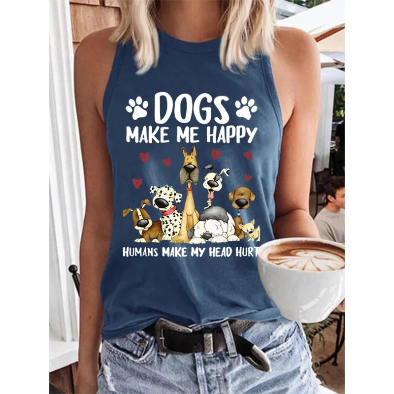 ilstile Women's Dogs Make Me Happy Print Tank Top Summer Casual Round Neck Sleeveless Tops Black White Blue Tees Hot Sale