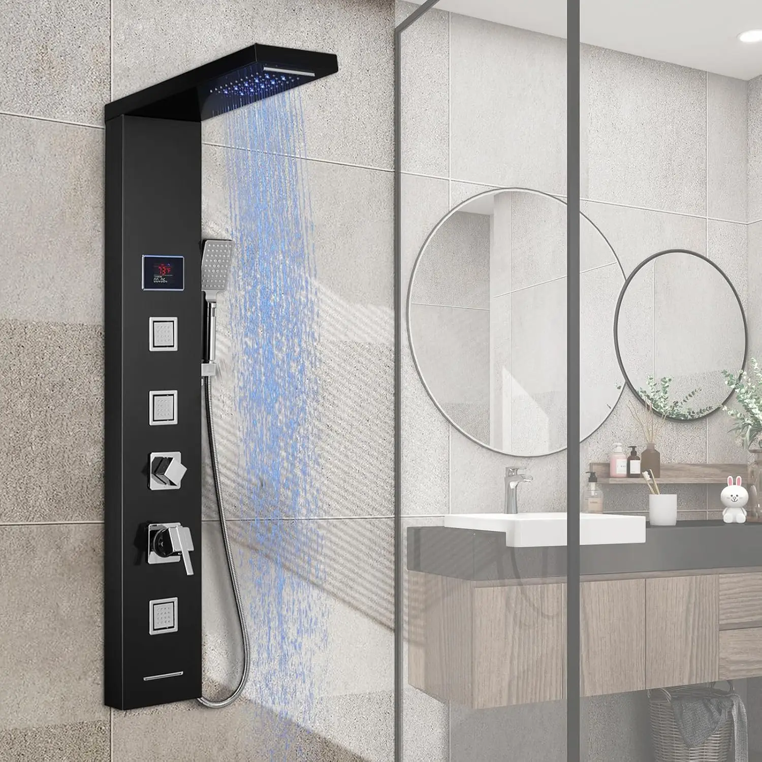 ROVOGO-Système de Tour de Panneau de Douche avec Lumières LED, Colonne de Douche avec Cascade, Jets pour le Corps, Sans Batterie Nécessaire