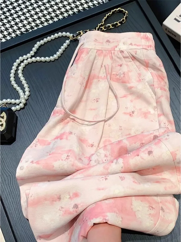 Korean Design Sensation Gradient Floral Wide Leg Pants Summer Elastic Waist Thin Belt Casual Versatile Long Pants Women