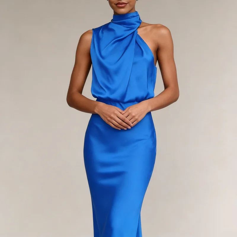 

Новое женское атласное платье-халтер 2026 года: модное, элегантное, однотонное, без рукавов, приталенное, для весны и лета