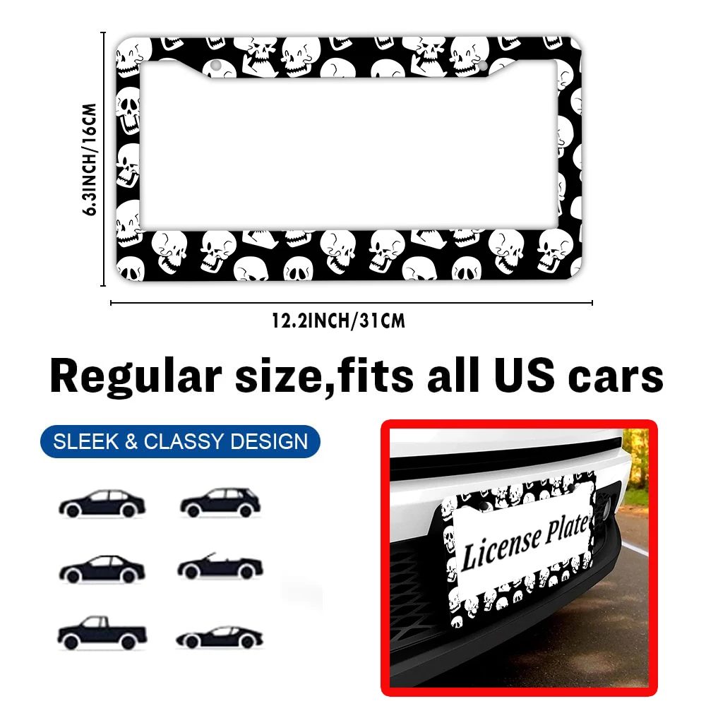 جمجمة أبيض وأسود - رسوم متحركة مبتكرة مطبوعة 2 - إطار لوحة ترخيص من الألومنيوم مع مجموعة براغي، هدية تزيين السيارة، 6 × 12 #2