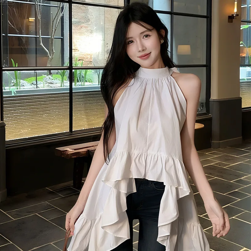 

Summer Women Korean Fashion Solid Irregular Top Vintage Stylish Halter Neck Back Lace Up Tee Ruffle Edge Tshirt Vacation T-shirt