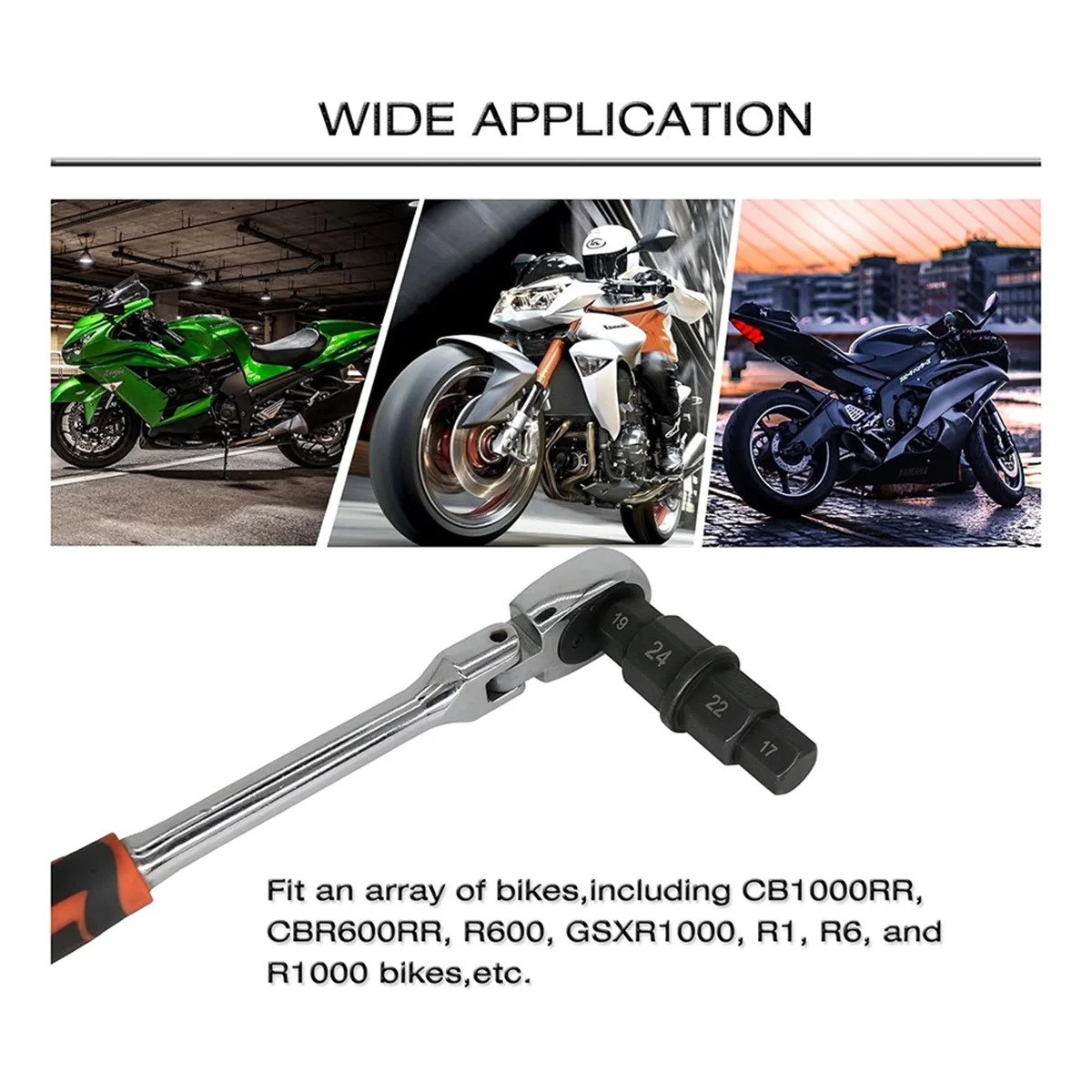 NOCM – outil d'essieu hexagonal pour motos, jeu de douilles à embout hexagonal stable, adaptateur de douille de broche noire 12/14/17/19/22/24mm avec gants